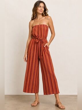 Shosho Strapless Striped Wide Leg Cropped Jumpsuit Rust Orange XL